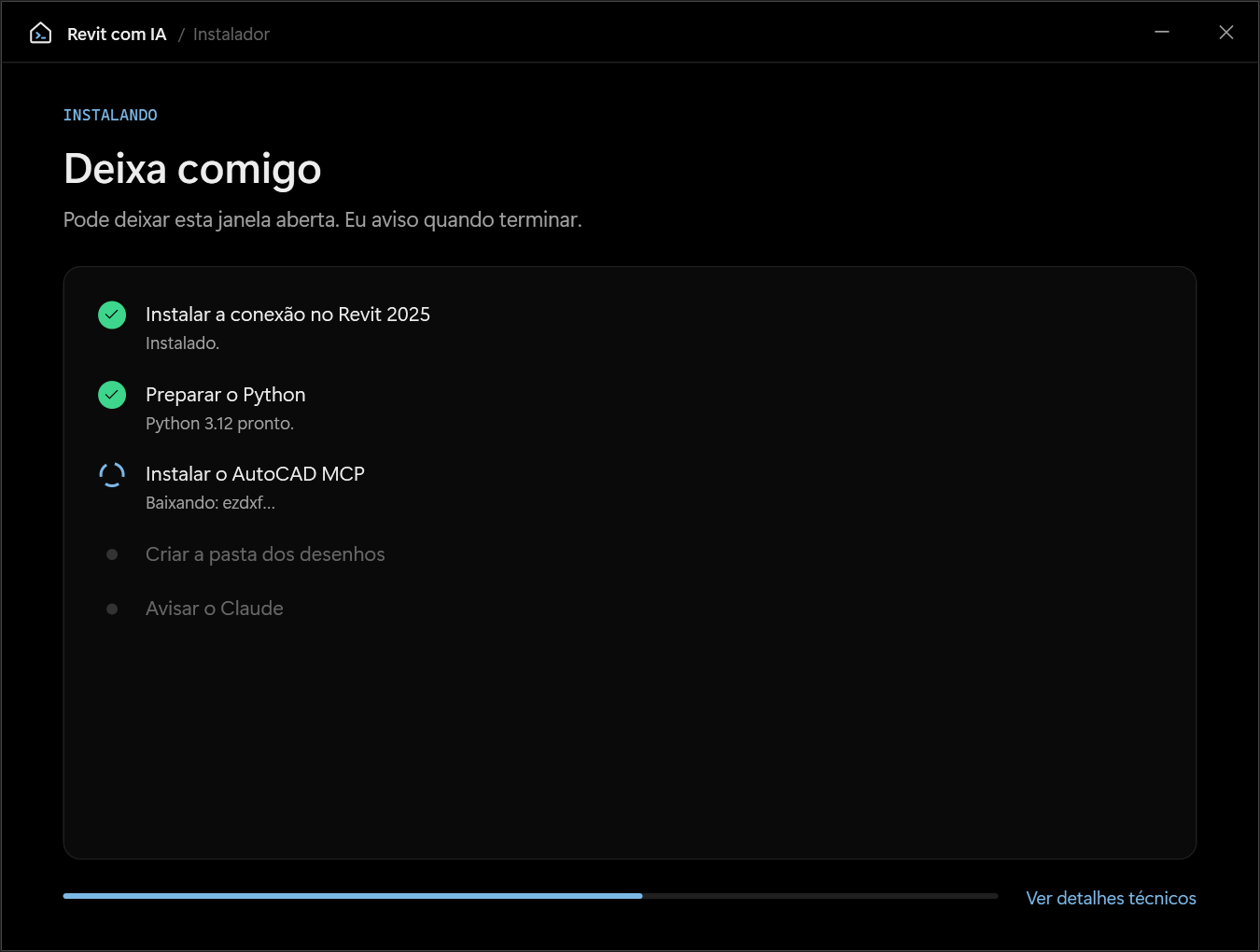 Tela Deixa comigo: conexão no Revit instalada, Python pronto e AutoCAD MCP sendo instalado