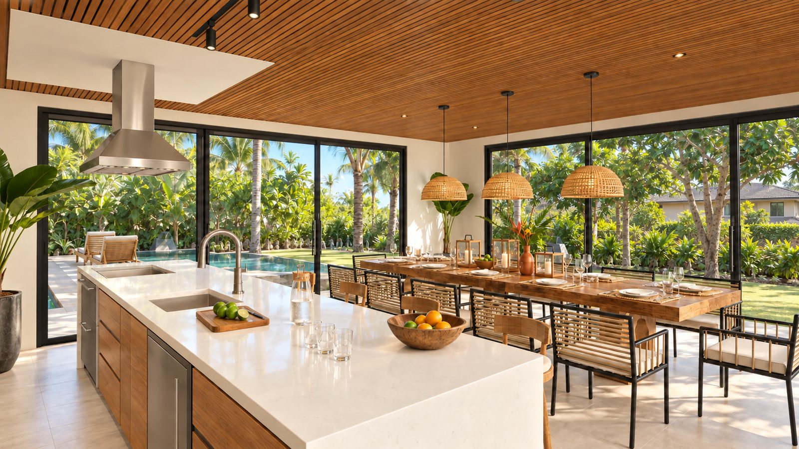 Área gourmet aberta para a piscina