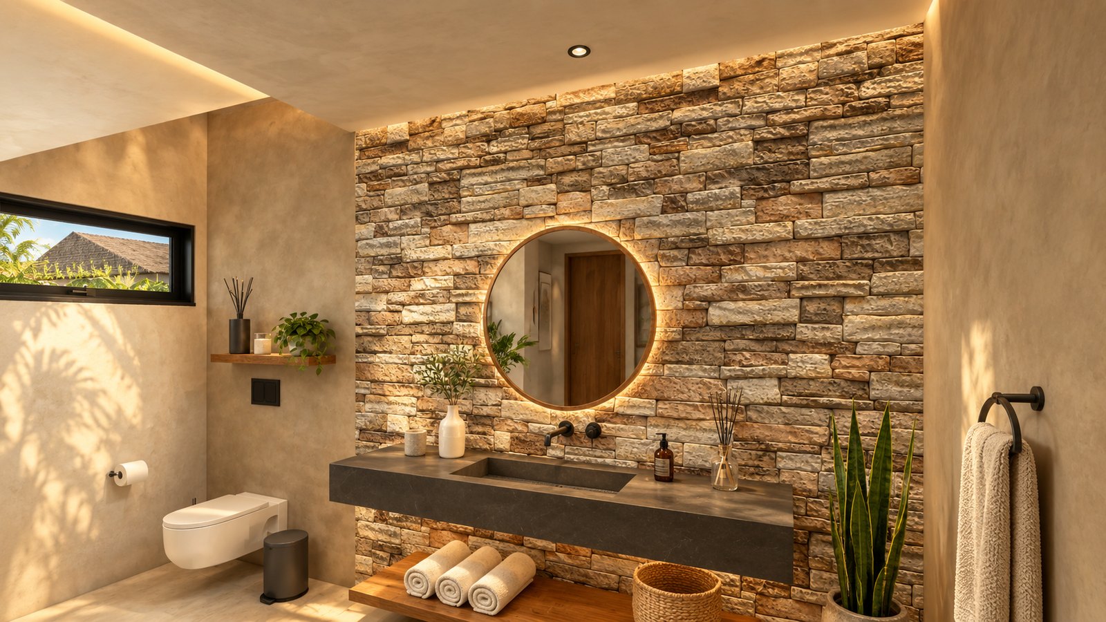 Lavabo com parede de pedra