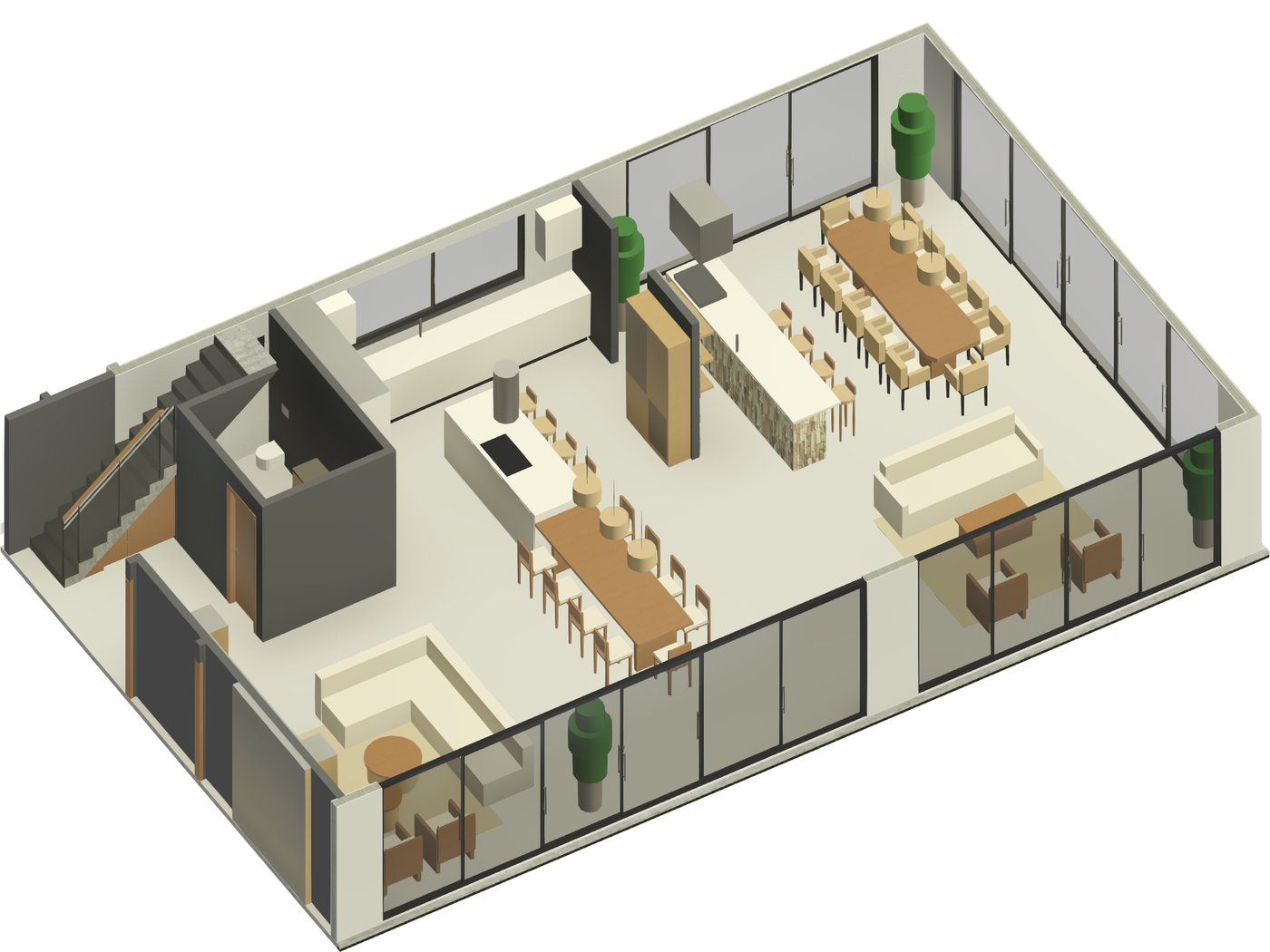 Térreo da Casa Ubatuba com o mobiliário modelado por comando no Revit