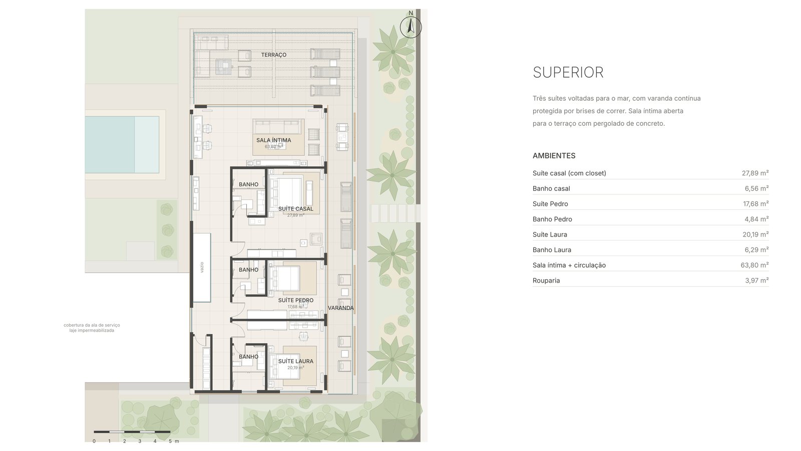 Planta humanizada do pavimento superior com suítes, varanda e terraço
