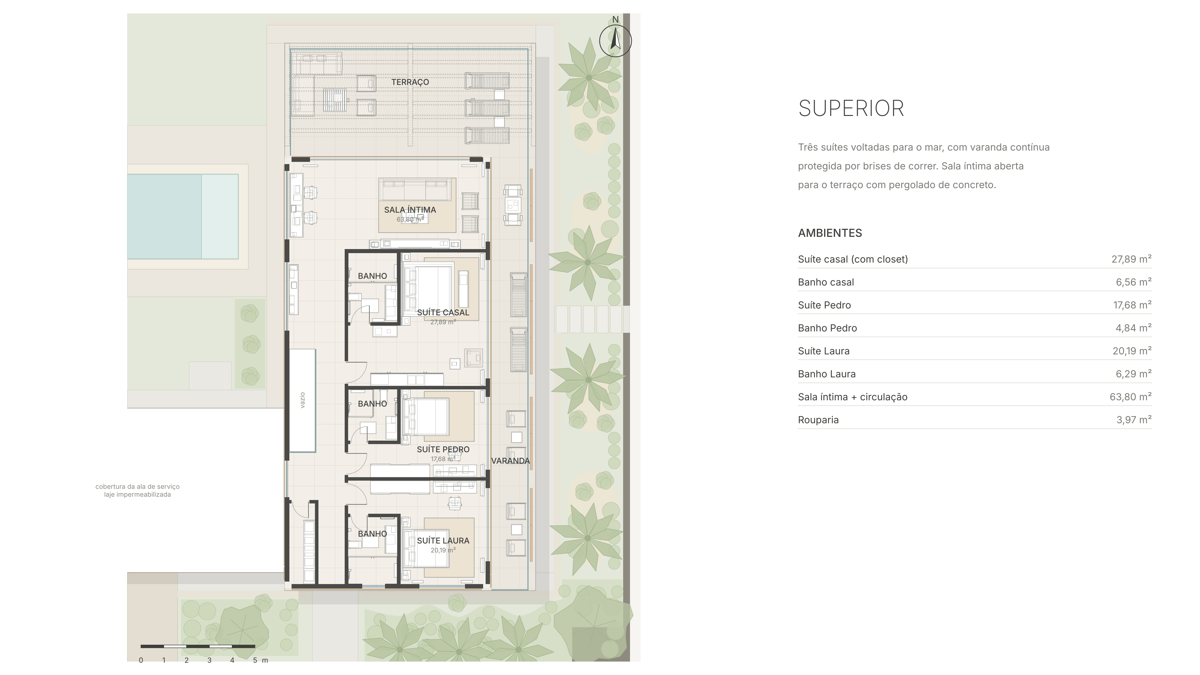 Planta humanizada do pavimento superior com suítes, varanda e terraço